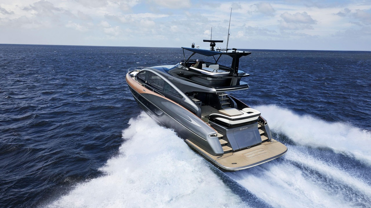 side angle of the Lexus LY 650 sports yacht driving in the sea