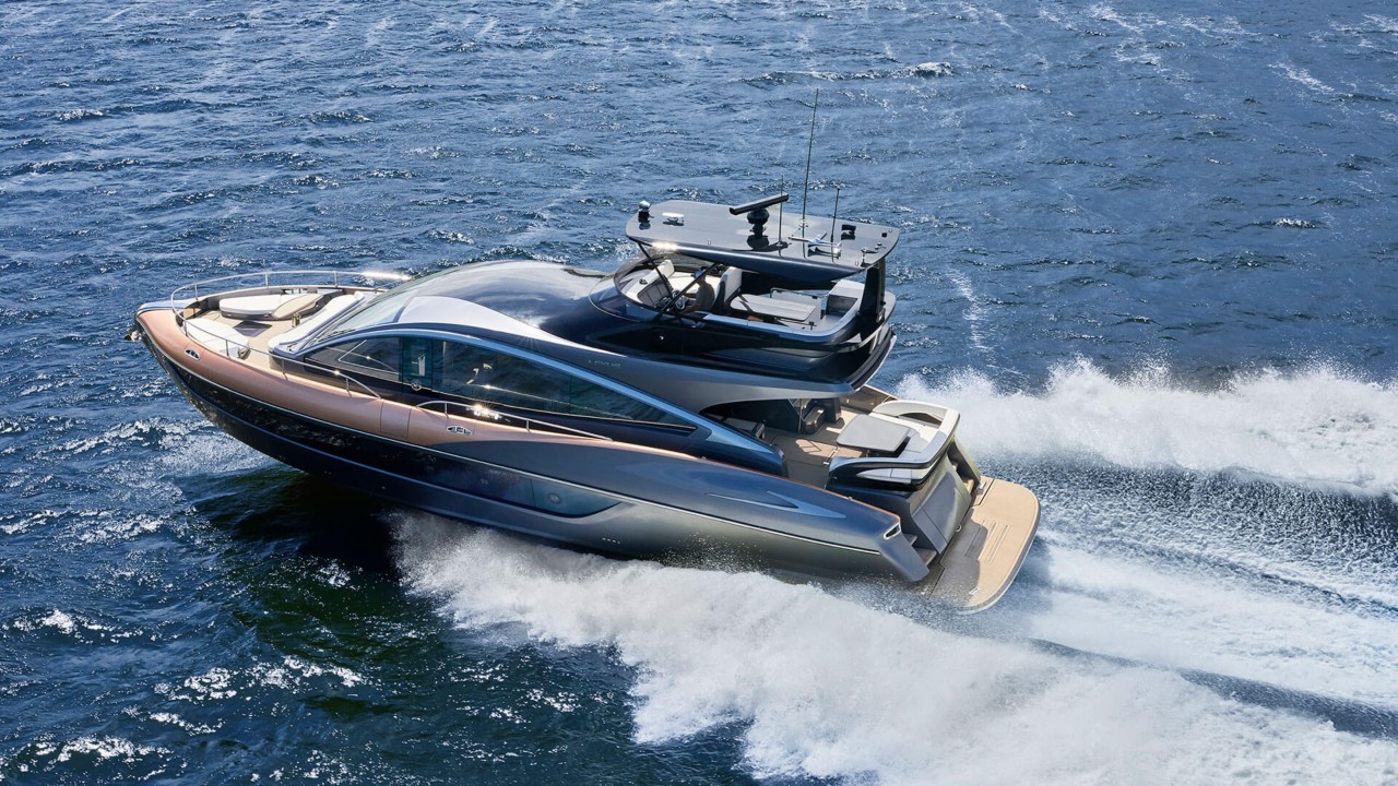 wide aerial shots of the Lexus LY 650 sports yacht in the sea