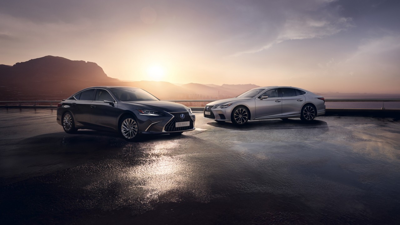 two Lexus ES 300h cars parked on a road