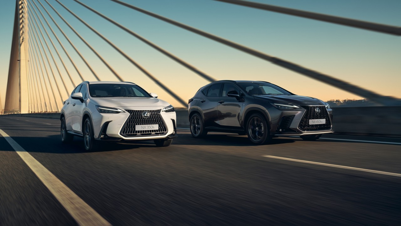 two Lexus NX cars driving on a road
