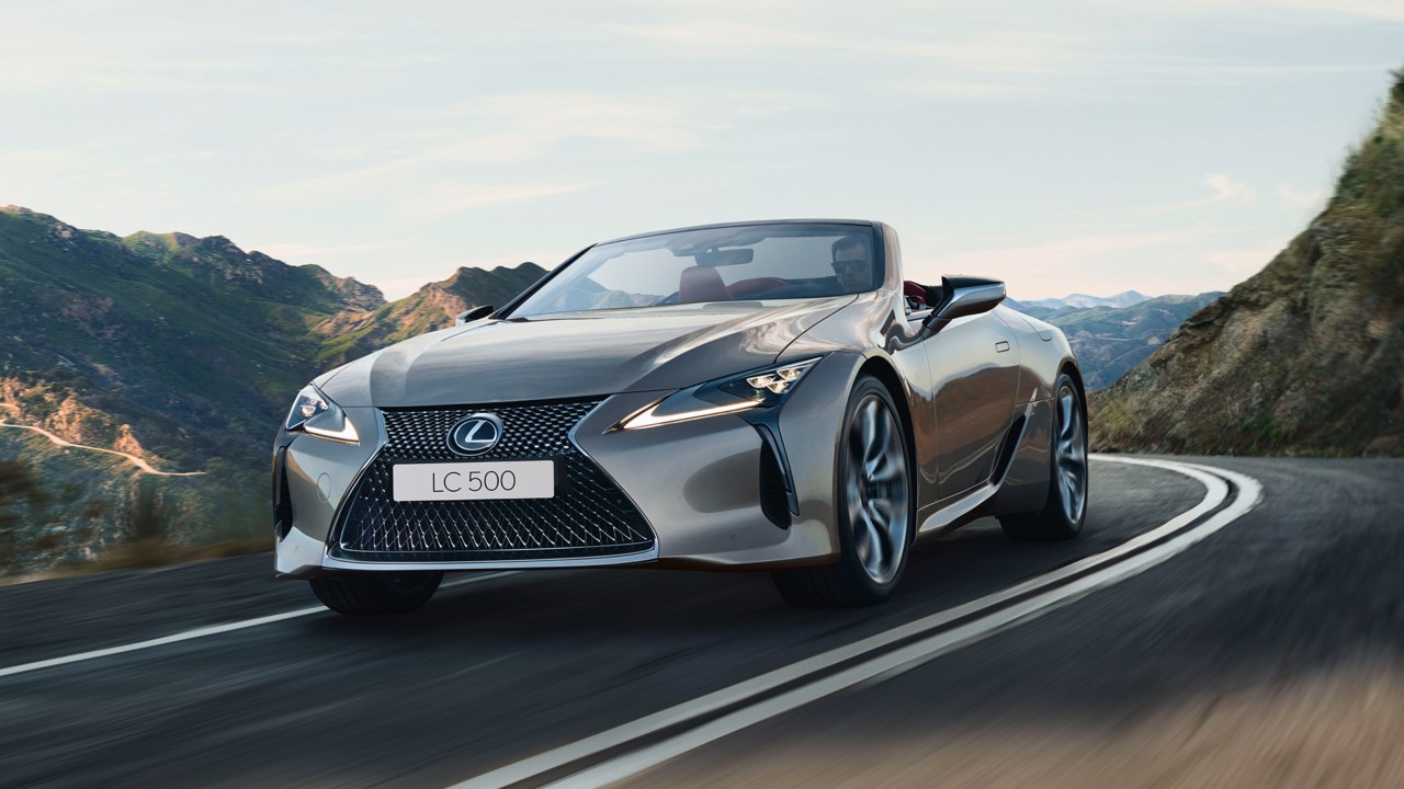 Lexus LC Convertible driving in a rural location  