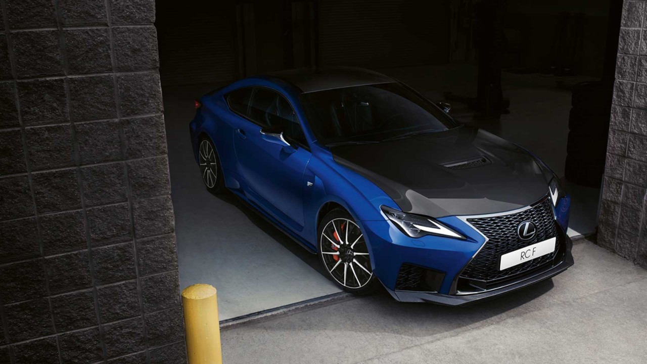 The Lexus RC F Track Edition parked in a racing garage